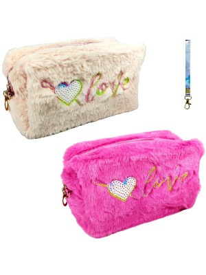 NECESSAIRE DE PELUCIA RETANGULAR LOVE C/ ALCA E ZIPER 19X11X7CM