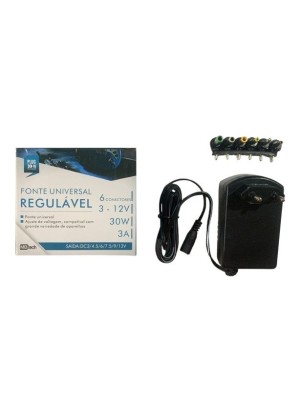 FONTE UNIVERSAL REGULAVEL 3V-12V 30W C/6 PLUGUES UN. MB TECH