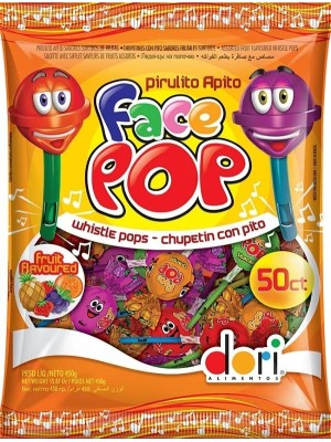 Pirulito Facepop Apito 450g Dori – Pirulitos Sortidos com Apito, Embalados Individualmente, Ideal para Festas, Lembrancinhas e Revenda