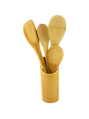 UTENSILIO DE BAMBU E SUPORTE KIT C/4 PECAS UN