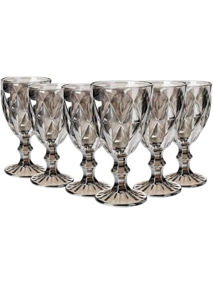 Conjunto Taça de Diamante Fumê c/ 6 peças – elegantes e resistentes, perfeitas para vinhos, sucos e drinks. Design sofisticado em vidro lapidado que 
