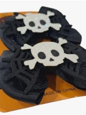 Presilha Laço Duplo Caveira 8cm c/2 Peças – Acessório de Cabelo Halloween para Fantasias Infantis e Adultas