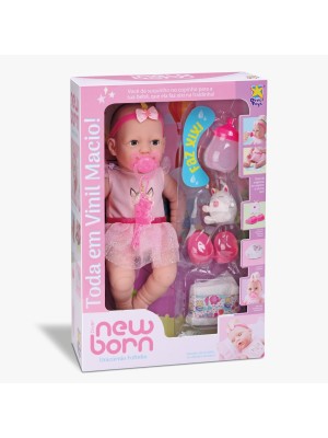 Boneca Diver New Born Unicornio Fofinho Faz Xixi com Acessorios Sapatinho, Fralda, Mamadeira 