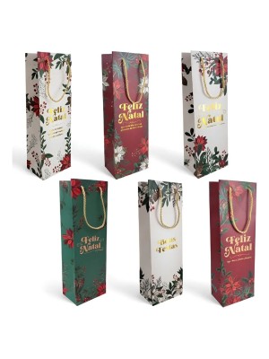 Sacola para Garrafa de Presente de Papel 12x36x8,5cm Resistente com Alça Ideal para Vinhos, Espumantes, Bebidas Finas, Azeites e Datas Comemorativas
