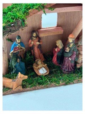 Presépio Resina e Madeira 20x8x15cm Decorativo Natalino Artesanal com Base Rústica para Mesas Estantes Aparadores e Vitrines