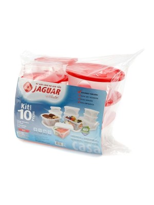 Kit Prático 10 Peças Jaguar – Conjunto de Potes Plásticos com Tampa, Excelente Vedação, Transparente, Multiuso para Freezer, Geladeira e Organização