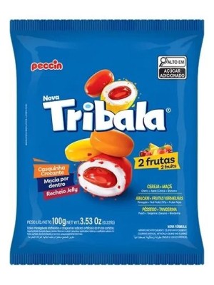 Bala Tribala 2 Frutas 100g Bala Mastigável Recheada com Jelly Casquinha Crocante