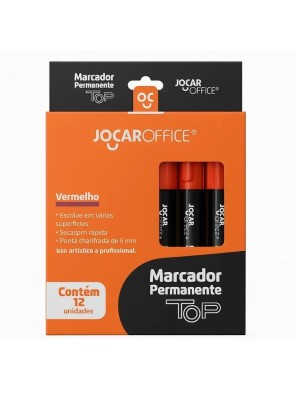 Marcador Permanente Top Vermelho Caixa com 12 Unidades Ponta Chanfrada 5mm Escrita em Diversas Superfícies Uso Escolar, Escritório e Industrial