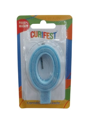 Vela Pop Azul Candy Nº 0 com Glitter para Bolo de Aniversário – Vela Numérica Azul Decorativa com Pavio Mágico para Festa Infantil e Adulto