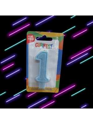 Vela Pop Azul Candy Nº 1 com Glitter para Bolo de Aniversário – Vela Numérica Azul Decorativa com Pavio Mágico para Festa Infantil e Adulto