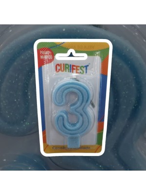 Vela Pop Azul Candy Nº 3 com Glitter para Bolo de Aniversário – Vela Numérica Azul Decorativa com Pavio Mágico para Festa Infantil e Adulto