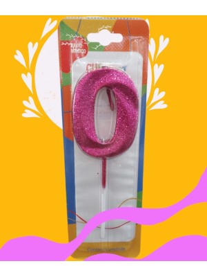 Vela Haste Concept Glitter Rosa Nº 0 Decorativa para Bolo Festa Aniversário Elegante