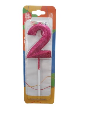 Vela Haste Concept Glitter Rosa Nº 2 Decorativa para Bolo Festa Aniversário Elegante