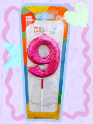 Vela Haste Concept Glitter Rosa Nº 9 Decorativa para Bolo Festa Aniversário Elegante