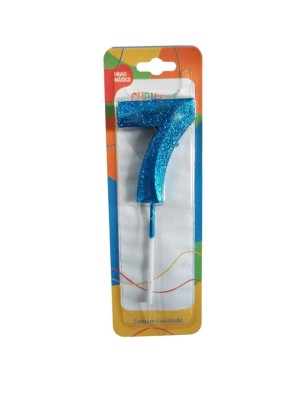 Vela Haste Concept Glitter Azul Nº 7 para Bolo de Aniversário – Vela Numérica Azul Brilhante Decorativa Moderna para Festa Infantil e Adulto