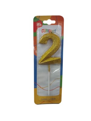 Vela Haste Concept Glitter Dourada Nº 2 Decorativa para Bolo Festa Aniversário Elegante