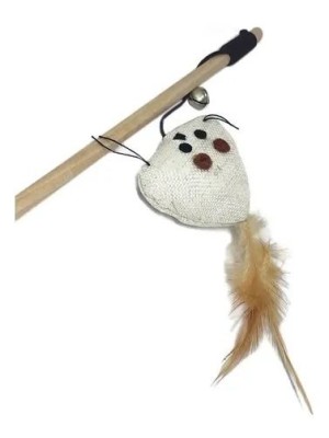Brinquedo Varinha para Gato 40cm com Ratinho Penas e Sino Interativo Poliéster Pet Estimula Instinto Felino