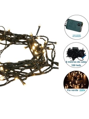 Pisca LED 100 Luzes Branco Quente 220V 8M 8 Funções Fio Verde Decoração Natalina Super Brilhante