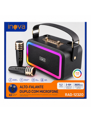 Caixa de Som Bluetooth Inova RAD-12320 com 2 Microfones Sem Fio Rádio FM USB AUX TF TWS Bateria 3600mAh Luz RGB para Karaokê e Festas